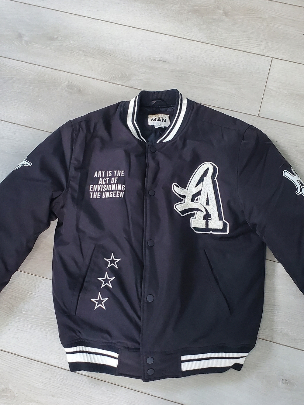 Urban Man Black & White Varsity Bomber Jacket with LA Patch